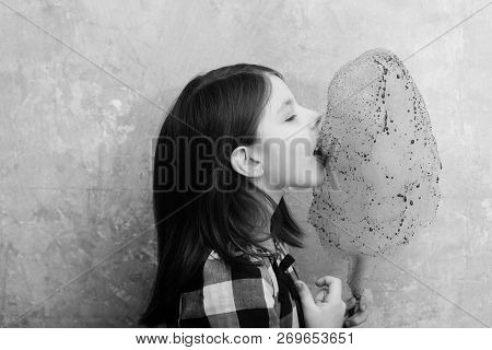 Child Or Small, Little, Girl With Long Hair In Plaid Dress Eating Yummy, Pink, Cotton Candy, Sweet, 