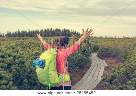 Attractive Brunette Raising Hands While Enjoying The View.