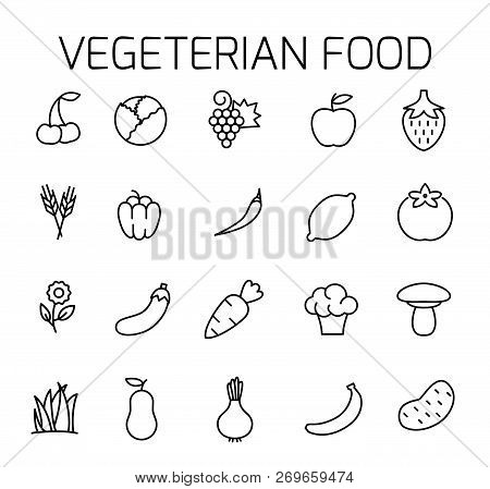 Vegeterian Food Related Vector Icon Set. Well-crafted Sign In Thin Line Style With Editable Stroke. 
