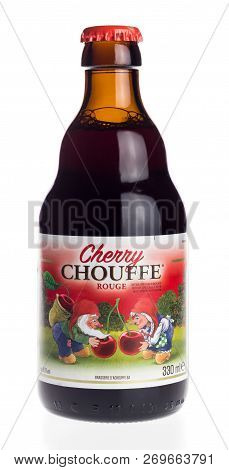 Groningen, Netherlands - November 16, 2018: Bottle Of Belgian Cherry Chouffe Beer Isolated On A Whit