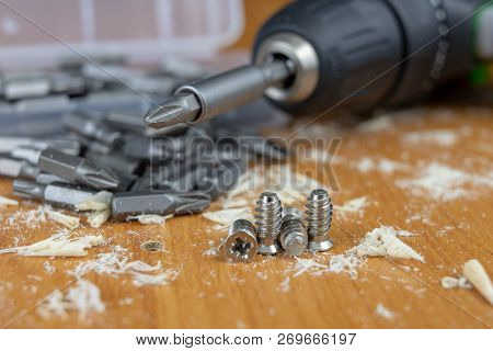 Installation Of Chipboard Furniture In A Carpentry Workshop. Accessories And Tools For Carpenters.