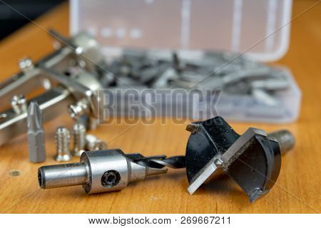 Installation Of Chipboard Furniture In A Carpentry Workshop. Accessories And Tools For Carpenters.
