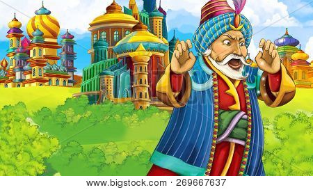 Cartoon Scene With Medieval Arabic Kingdom Prince Or King Traveling - Far East Ornaments - The Stage