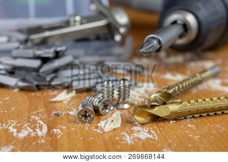 Installation Of Chipboard Furniture In A Carpentry Workshop. Accessories And Tools For Carpenters.