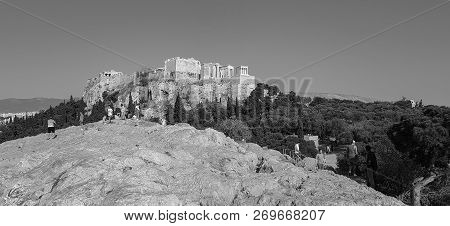 Athens, Greece - June 9, 2018: Panorama Of Tourists Posing Against The Acropolis Of Athens, Greece A