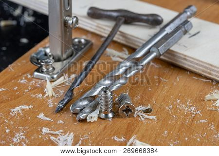 Installation Of Chipboard Furniture In A Carpentry Workshop. Accessories And Tools For Carpenters.