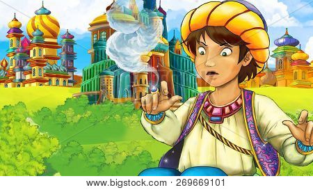 Cartoon Scene With Medieval Arabic Kingdom Prince Or King Traveling - Far East Ornaments - The Stage