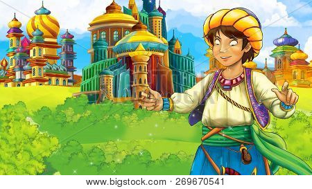 Cartoon Scene With Medieval Arabic Kingdom Prince Or King Traveling - Far East Ornaments - The Stage