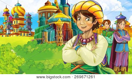 Cartoon Scene With Medieval Arabic Kingdom Prince Or King Traveling - Far East Ornaments - The Stage