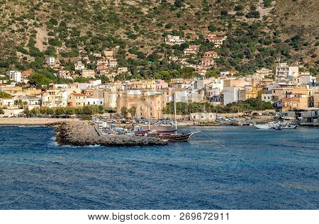 View Of The Sferracavallo Village Located At The Foot Of The Capo Gallo Mount On The Shore Of Medite