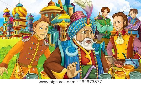 Cartoon Scene With Medieval Arabic Kingdom Prince Or King Traveling - Far East Ornaments - The Stage