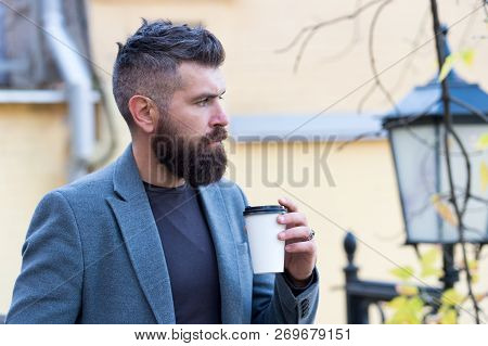 Hipster Hold Paper Coffee Cup And Enjoy Park Environment. Relaxing Coffee Break. Drink It On The Go.