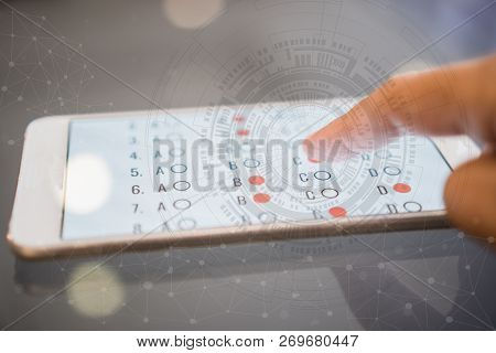 E-learning Exam Or Online Learning For Student In Smartphone By Finger Clicking Multichoice  With Sc