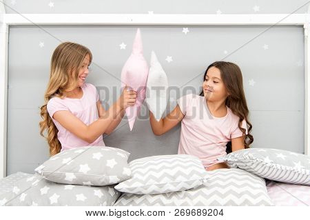Sisters Play Pillows Bedroom Party. Pillow Fight Pajama Party. Evening Time For Fun. Sleepover Party