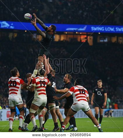 LONDON, ENGLAND - NOVEMBER 17 2018. During the Quilter Autumn International's series Rugby Union match between England and Japan at Twickenham Stadium, London, United Kingdom. 