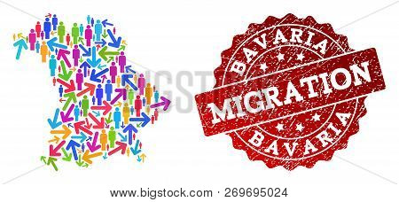 People Migration Traffic Combination Of Mosaic Map Of Bavaria State And Rubber Seal Stamp. Mosaic Ma
