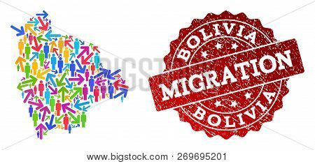 People Travel Traffic Composition Of Mosaic Map Of Bolivia And Unclean Stamp. Mosaic Map Of Bolivia 