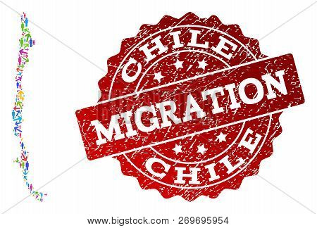 People Migration Traffic Collage Of Mosaic Map Of Chile And Rubber Seal. Mosaic Map Of Chile Is Desi
