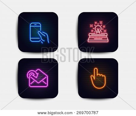 Neon Glow Lights. Set Of Hold Smartphone, Receive Mail And Typewriter Icons. Hand Click Sign. Phone 