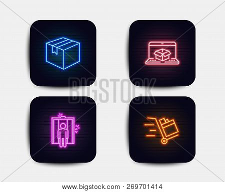 Neon Set Of Parcel, Online Delivery And Elevator Icons. Push Cart Sign. Shipping Box, Parcel Trackin