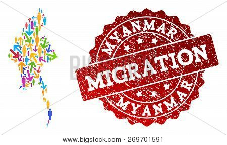 People Migration Traffic Composition Of Mosaic Map Of Myanmar And Rubber Stamp. Mosaic Map Of Myanma