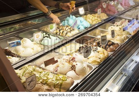 German People Sell Ice Cream To People And Foreigner Travelers In Ice Cream Shop At Heidelberger Mar