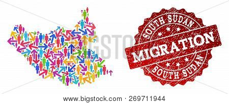 People Migration Traffic Collage Of Mosaic Map Of South Sudan And Scratched Seal. Mosaic Map Of Sout