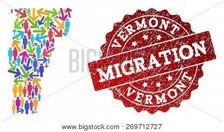 People Migration Traffic Collage Of Mosaic Map Of Vermont State And Textured Seal. Mosaic Map Of Ver