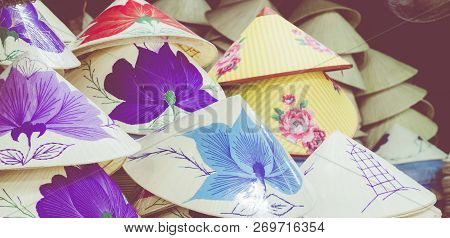 Traditional Bamboo Hats Made On Hue, Local Market. Souvernir From Vietnam.