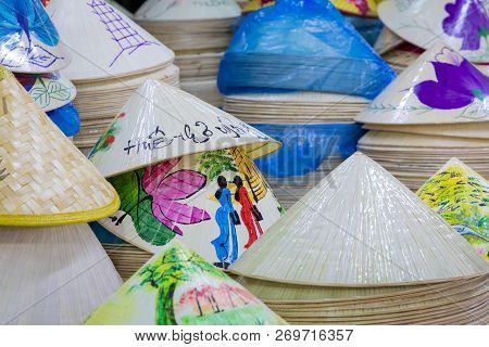 Traditional Bamboo Hats Made On Hue, Local Market. Souvernir From Vietnam.