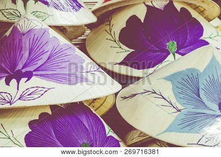 Traditional Bamboo Hats Made On Hue, Local Market. Souvernir From Vietnam.