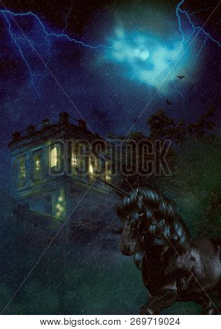 Ancient Castle Tower And Black Unicorn In The Night, 3d Illustration.