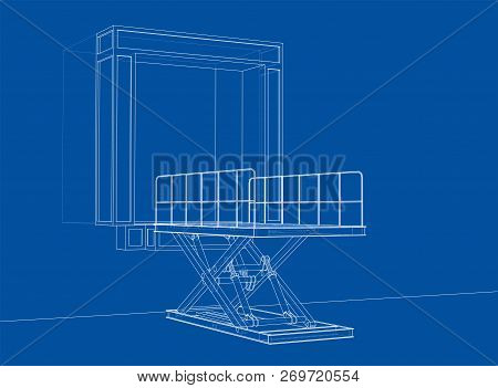 Dock Leveler Concept. Vector Rendering Of 3d. Wire-frame Style. The Layers Of Visible And Invisible 