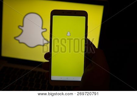 Tula, Russia - October 31, 2018: - Snapchat Application On Android Cell Smartphone. Snapchat Is A Mo
