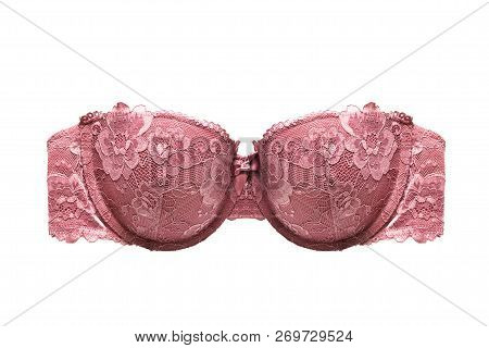 Strapless Pink Lacy Balconette Bra Isolated Over White
