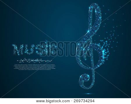 Treble Clef Vector Polygonal Art Style. Low Poly Wireframe Illustration With Scattered Particles And