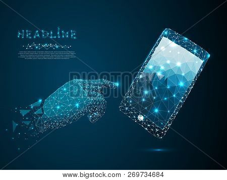 Mobile Phone. Vector Polygonal Wireframe Closeup Mobile Phone With Gradient Blue Screen With Man Han