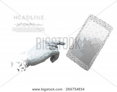 Mobile Phone. Vector Polygonal Wireframe Mobile Phone With A Gradient Dark Blue Screen, Man Hand Poi