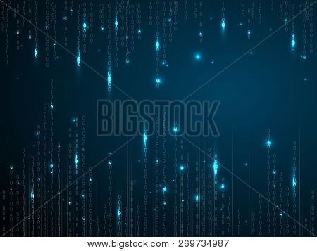 Binary Matrix Background. Falling Digits On Dark Blue Backdrop. Running Random Numbers. Abstract Dat