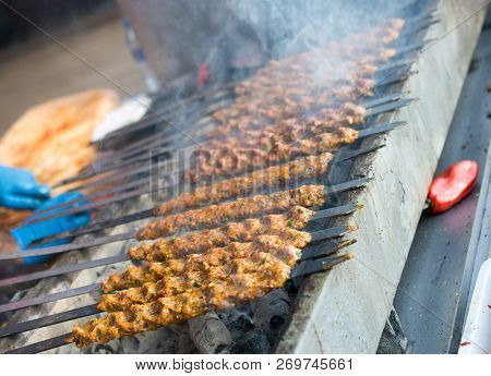 Turkish Adana/urfa Kebab Being Grilled In The View