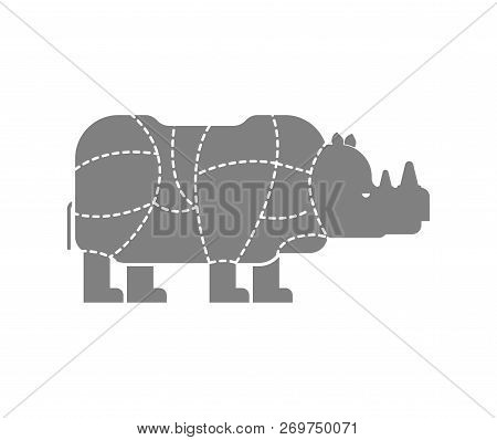 Cut Of Meat Rhinoceros. Rhino Silhouette Scheme Lines Of Different Parts Meat. How To Cut Flesh Wild