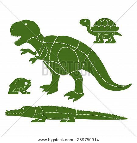 Cut Of Meat Set Beast. Turtle And Frog Silhouette Scheme Lines Of Different Parts Meat. How To Cut F