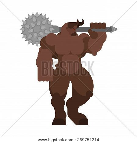 Minotaur Strong. Powerful Half Human Half Bull. Mythical Monster With Weapons