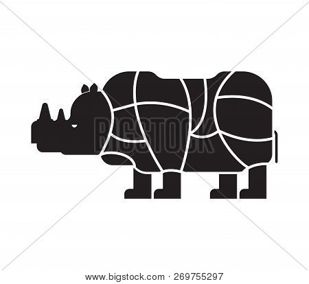 Cut Of Meat Rhinoceros. Rhino Silhouette Scheme Lines Of Different Parts Meat. How To Cut Flesh Wild