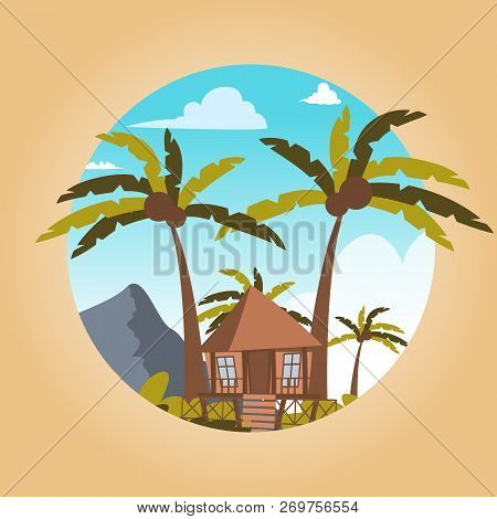 Vector Drawing Image The Bungalow Located Island. Vector Illustration Of A Cartoon Villages With Bun