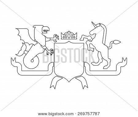 Heraldic Shield Sea Griffin And Unicorn And Knight Helmet. Fantastic Beasts. Template Heraldry Desig