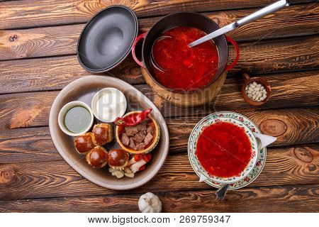 Traditional Ukrainian Borscht. Borscht Pan. Borsch Fresh Ukrainian Red. Full Pan Of Delicious Red Bo