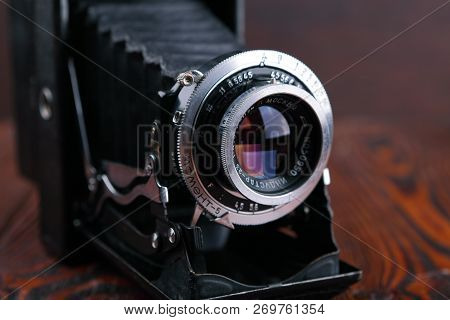 Moscow, Russia, April 14, 2017. The Old Soviet Medium Format Scaling Camera Moskwa-3, Released1951.