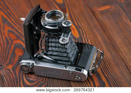 Moscow, Russia, April 14, 2017. The Old Soviet Medium Format Rangefinder Camera Moskwa-5, Released19