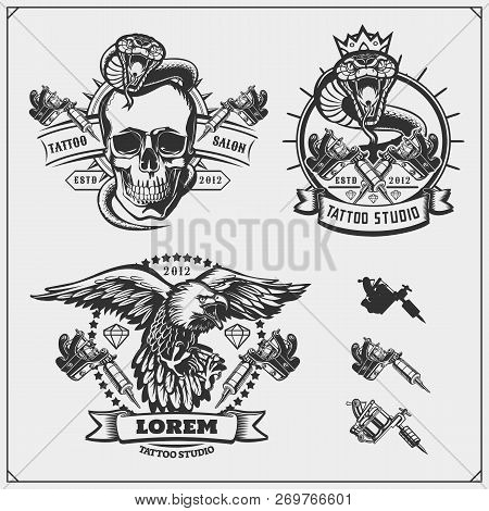 Vector Set Of Tattoo Salon Labels, Badges And Design Elements. Tattoo Studio Emblems With Profession